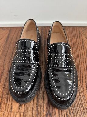 Stuart Weitzman Black Patent Loafers with Pearl Studs